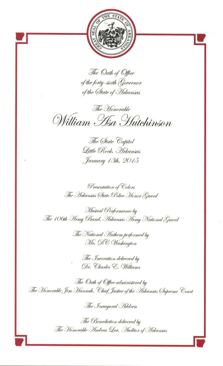 Itinerary, Inaugural - Governor Asa Hutchinson