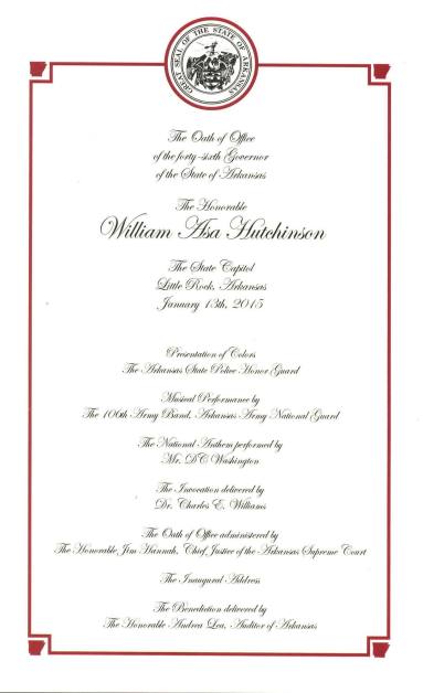 Itinerary, Inaugural - Governor Asa Hutchinson