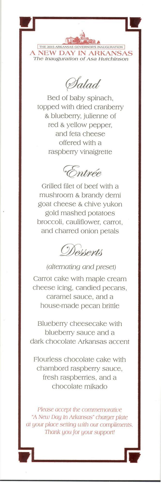 Menu, Inaugural Ball - Governor Asa Hutchinson