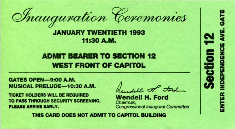 Card, Admittance - Inauguration Ceremonies of President Bill Clinton