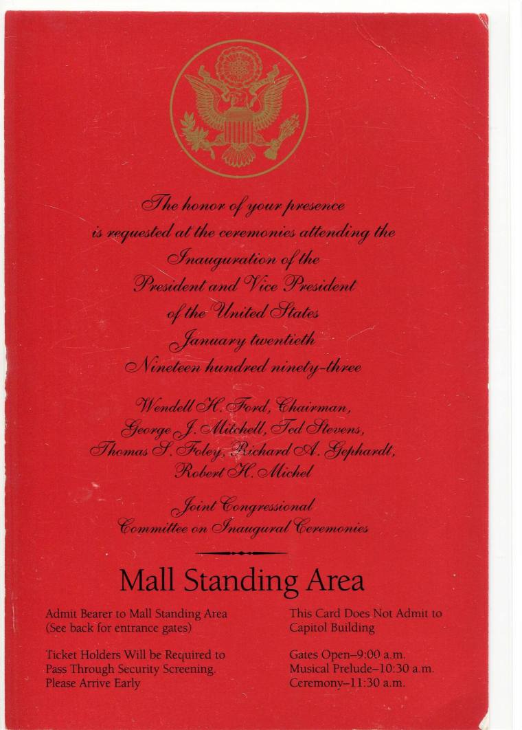 Invitation for Inaugural ceremonies, President Bill Clinton 01/20/1993