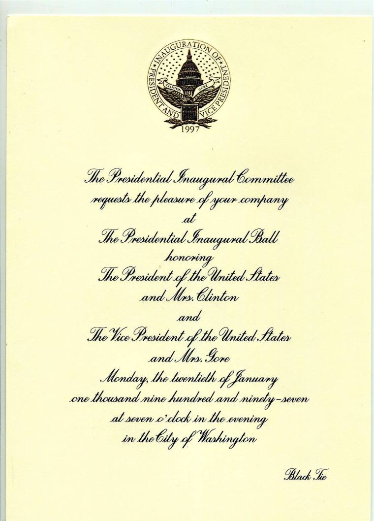 Invitation to Presidential Inaugural Ball, January 20th,1997. 