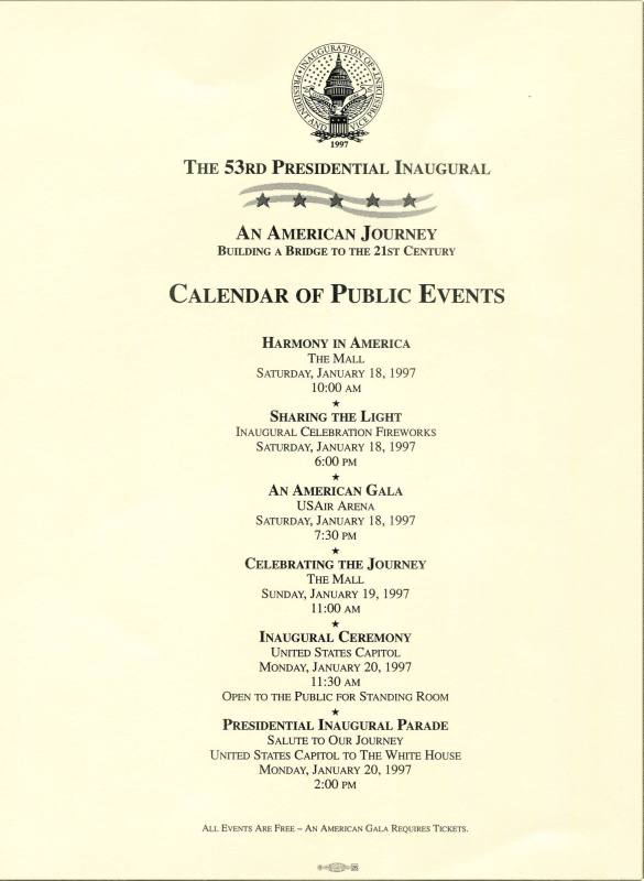 Calendar, Inaugural Public Events - President Bill Clinton