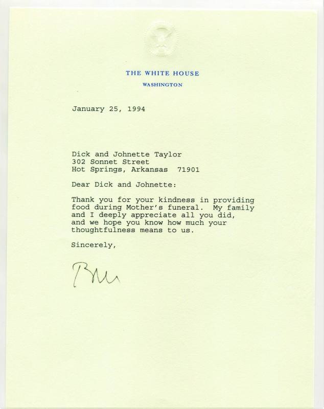 Letter from President Bill Clinton to Dick and Johnette Taylor