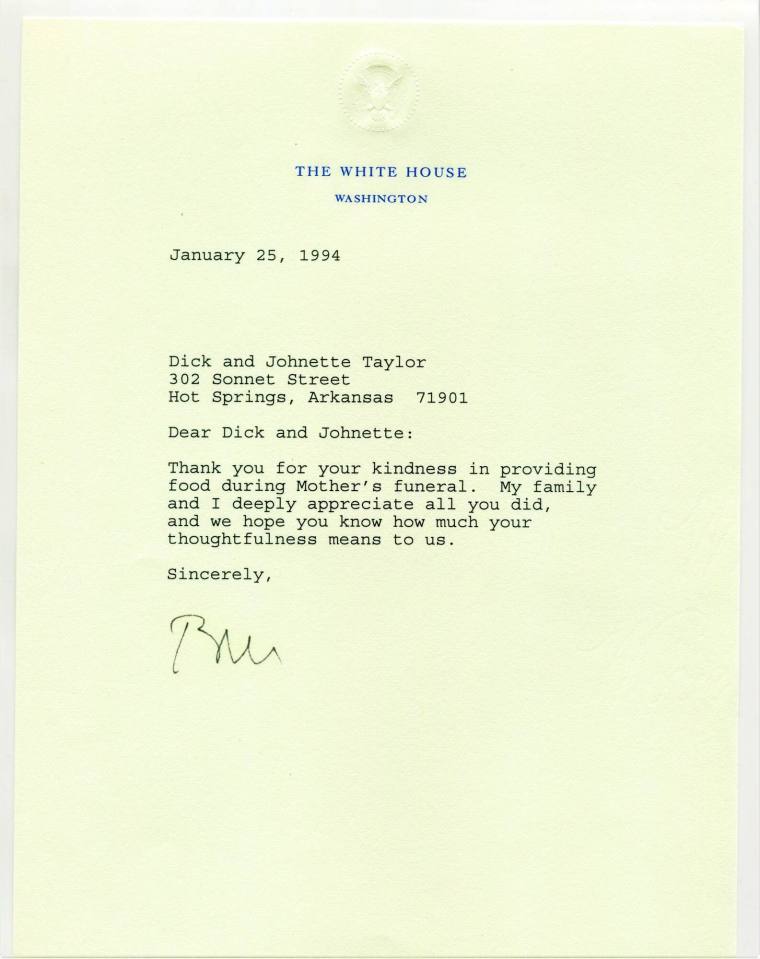 Letter from President Bill Clinton to Dick and Johnette Taylor