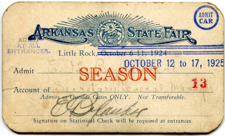 Season Pass, Arkansas State Fair - Secretary-Manager E.G. Bylander