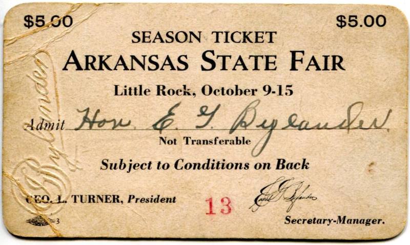 Season Pass, Arkansas State Fair - Secretary-Manager E.G. Bylander