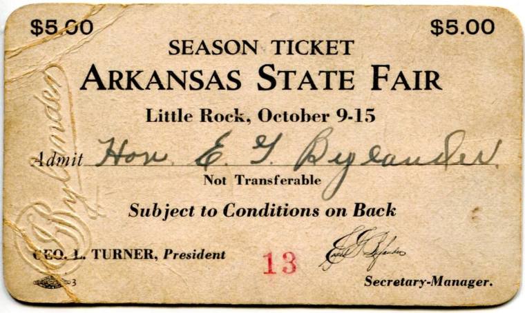 Season Pass, Arkansas State Fair - Secretary-Manager E.G. Bylander