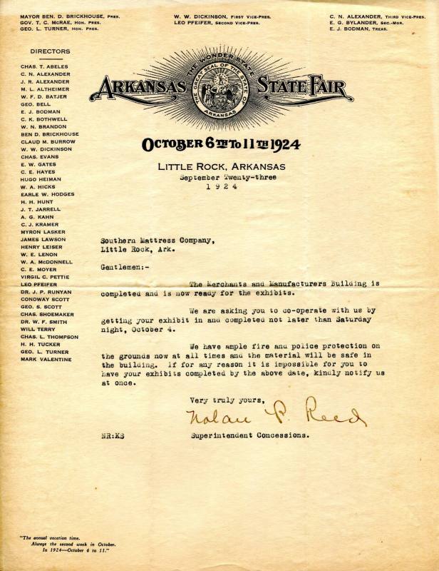 Letter, Nolan Reed to Southern Mattress Company - Arkansas State Fair