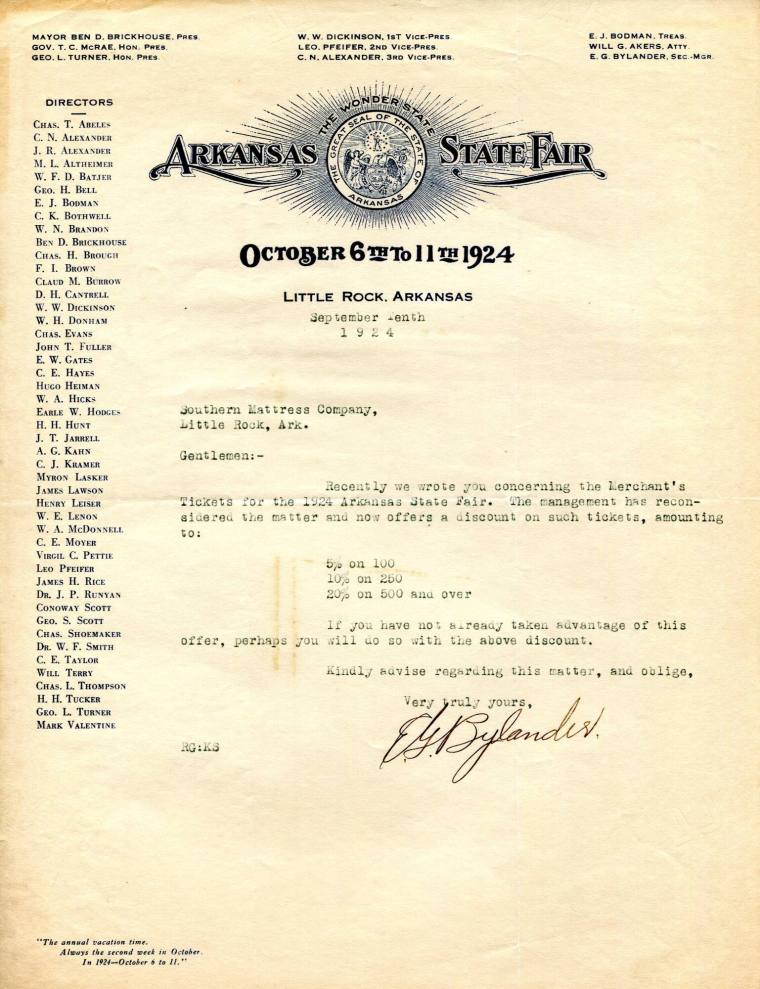 Letter, E.G. Bylander to Southern Mattress Company - Arkansas State Fair