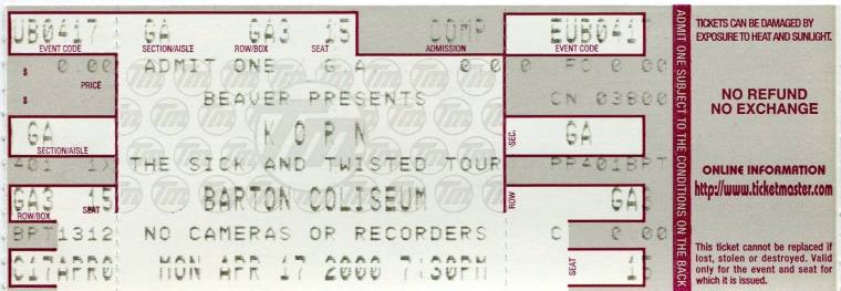 Complimentary Ticket, Korn - Barton Coliseum