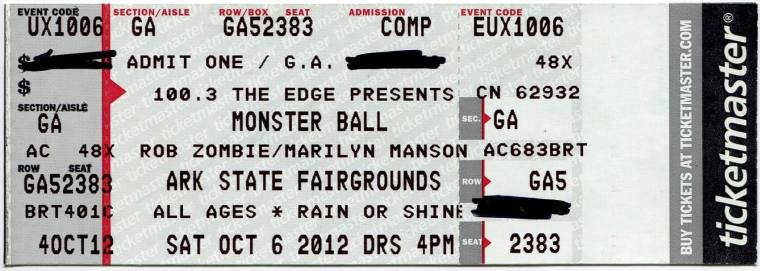 Complimentary Ticket, Monster Ball: Rob Zombie & Marilyn Manson