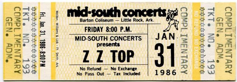 Complimentary Ticket, ZZ Top - Barton Coliseum