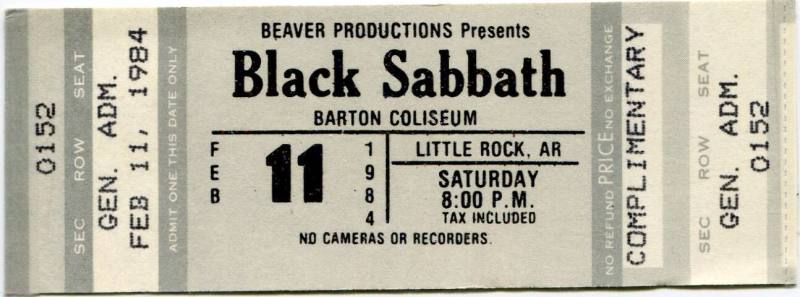 Complimentary Ticket, Black Sabbath - Barton Coliseum