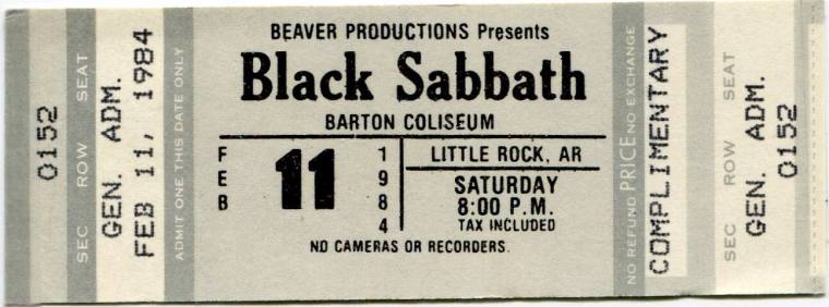 Complimentary Ticket, Black Sabbath - Barton Coliseum