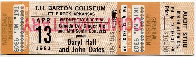 Complimentary Ticket, Daryl Hall & John Oates - Barton Coliseum