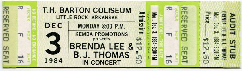 Ticket, Brenda Lee & B.J. Thomas - Barton Coliseum