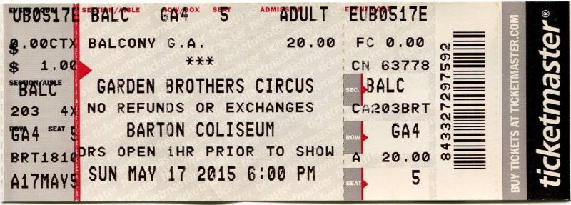 Ticket, Garden Brothers Circus - Barton Coliseum