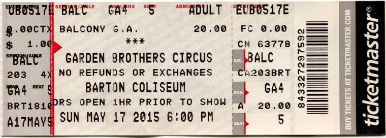 Ticket, Garden Brothers Circus - Barton Coliseum