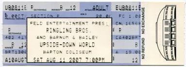 Ticket, Ringling Brother Circus: Upside-Down World - Barton Coliseum