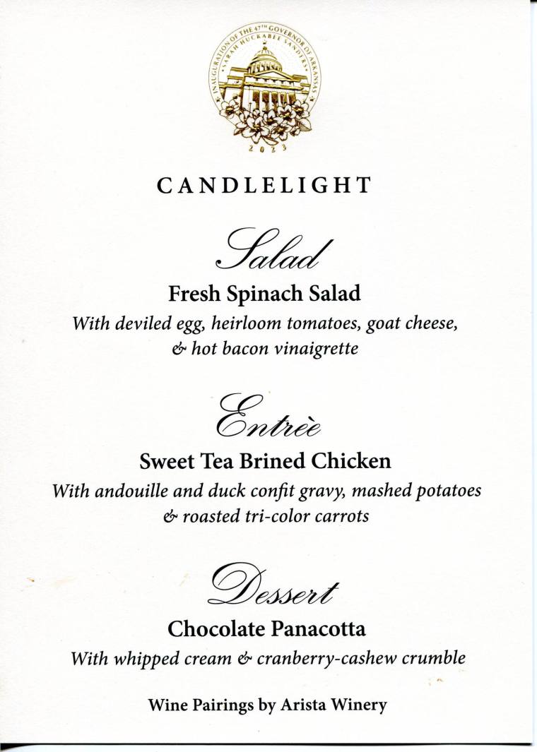 Menu, Inaugural - Sarah Huckabee Sanders