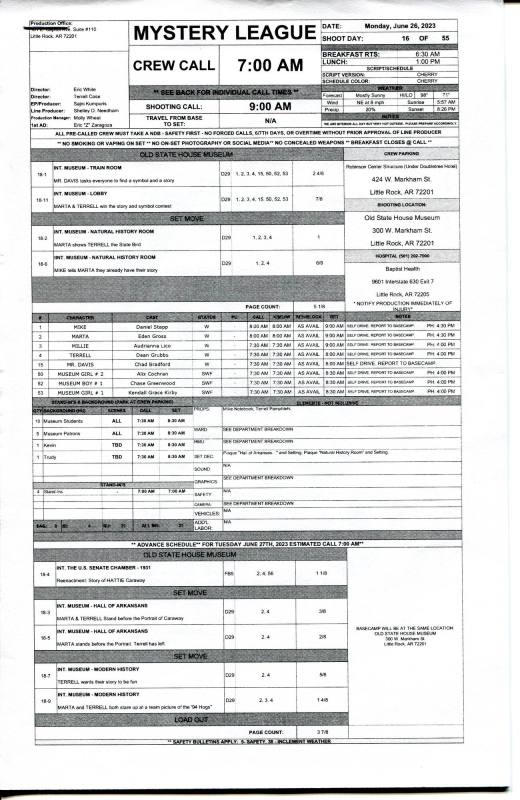 Call Sheet, Mystery League - Arkansas PBS