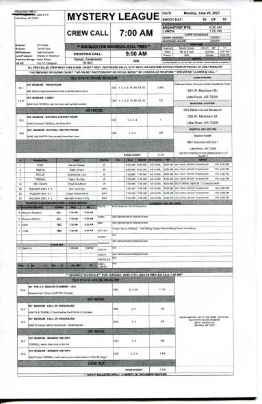 Call Sheet, Mystery League - Arkansas PBS