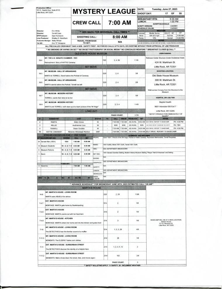 Call Sheet, Mystery League - Arkansas PBS