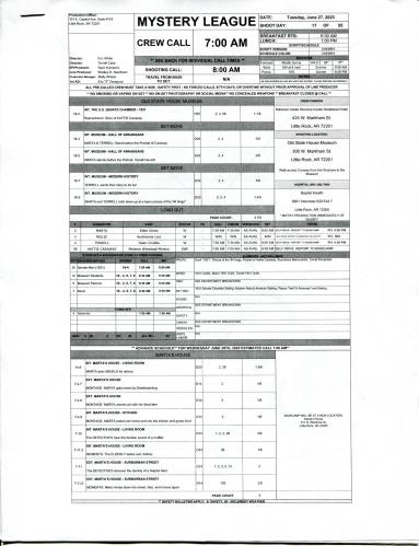 Call Sheet, Mystery League - Arkansas PBS