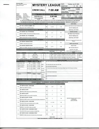 Call Sheet, Mystery League - Arkansas PBS