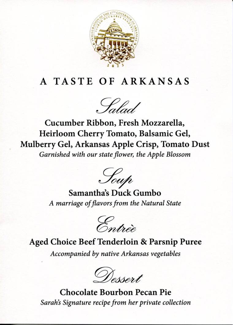 Menu, Inaugural Dinner - Sarah Huckabee Sanders