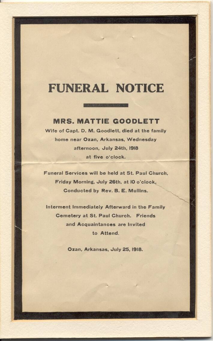 Matted Funeral Notice of Mrs. Mattie Goodlett on wood backing