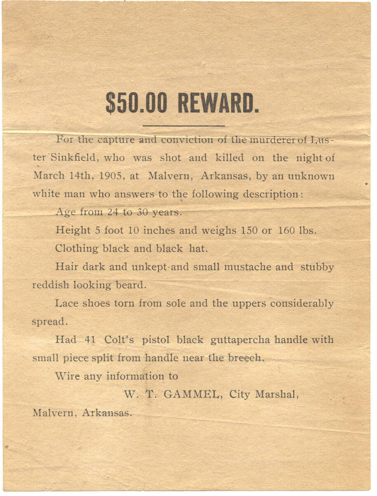 Broadside with reward for murderer of Luster Sinkfield in Malvern