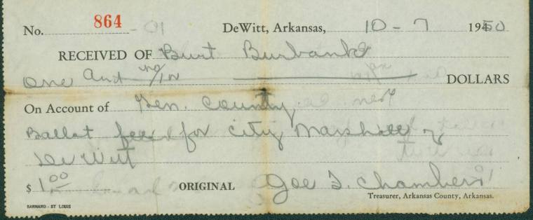 Receipt of Burt Burbank's for Ballot fee for City Marshall of DeWitt