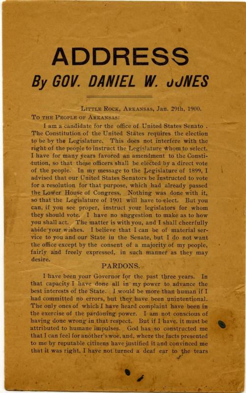 Address by Gov Daniel W. Jones Jan. 29th 1900 in Little Rock