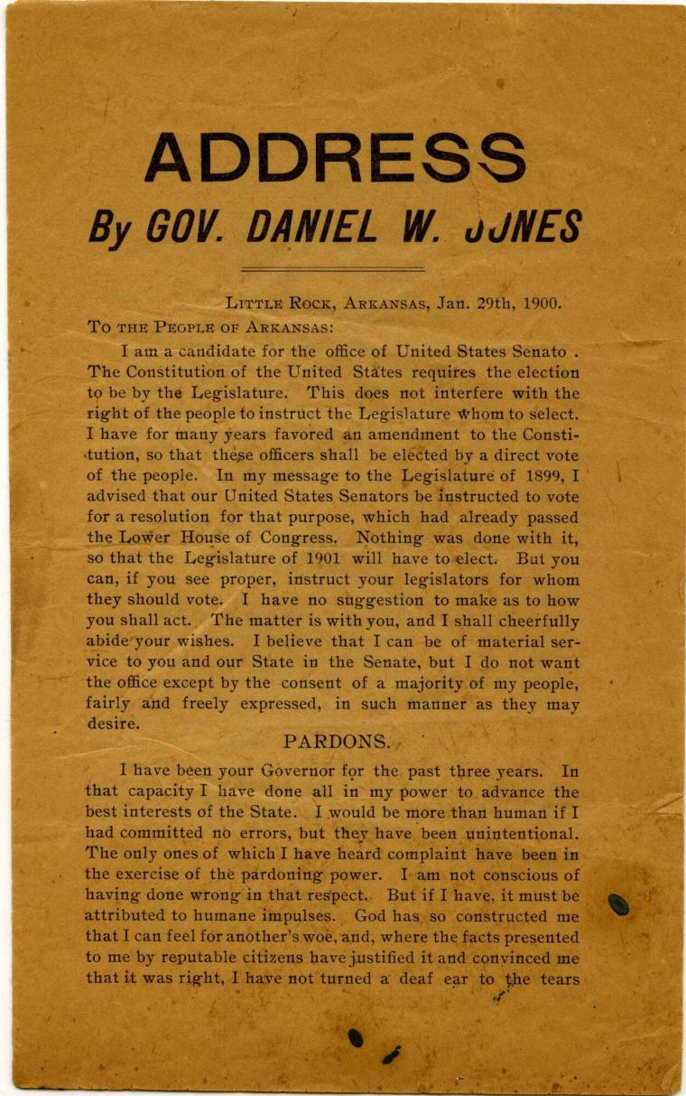 Address by Gov Daniel W. Jones Jan. 29th 1900 in Little Rock