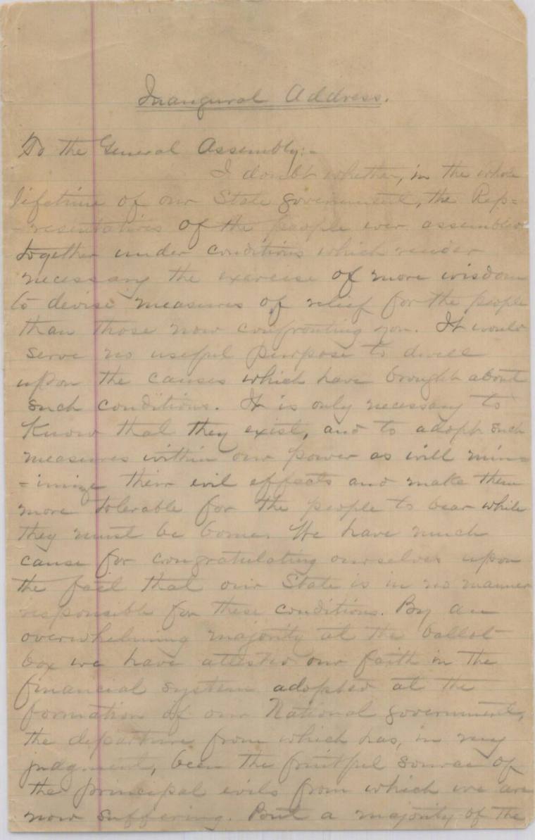 Inaugural address of Governor Daniel W. Jones--handwritten 