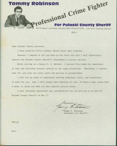 1980 Campaign letter from Tommy Robinson for Pul Co Sheriff