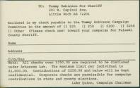 Tommy Robinson for Sheriff Donation Card from 1980