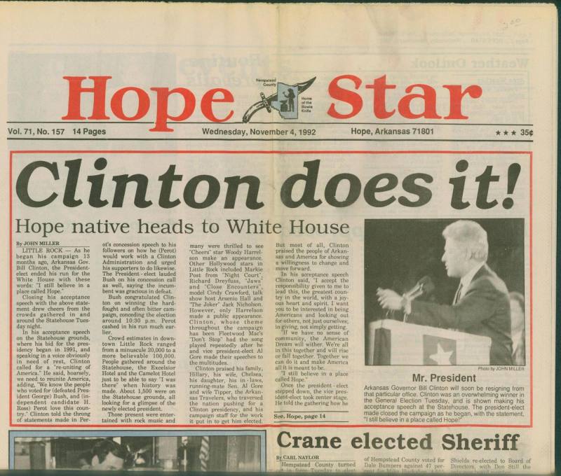 "Hope Star" Newspaper with headline 'Clinton does it!'