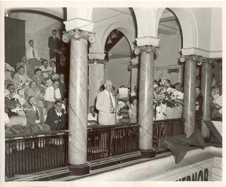 Campaign photograph of Laney speaking to a crowd of people