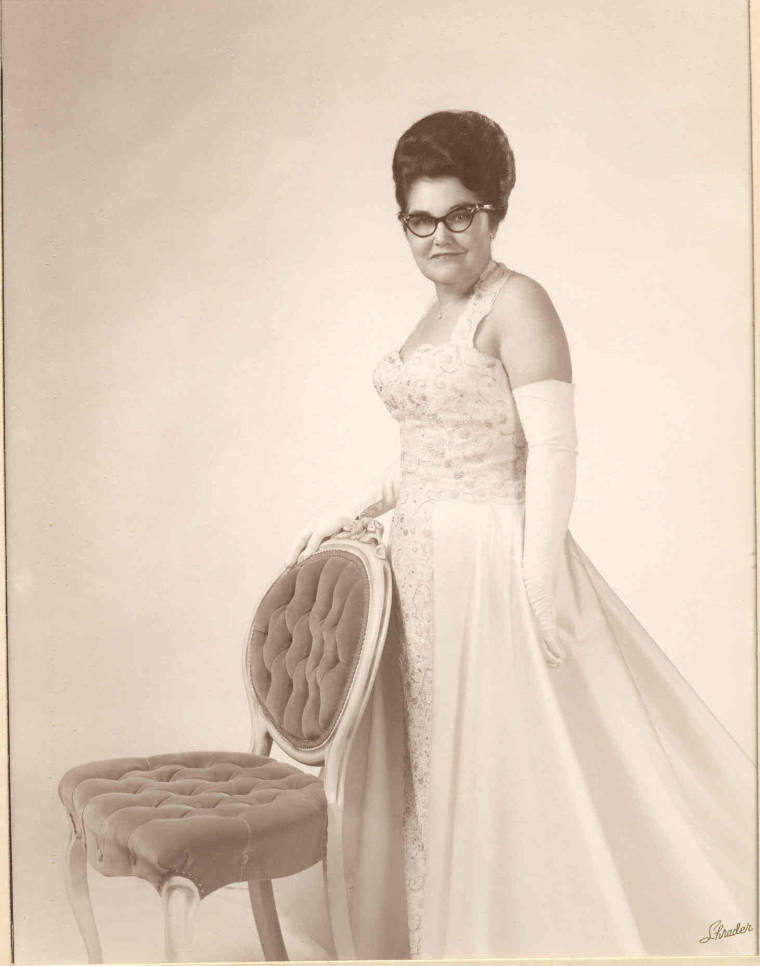 Photo of Mrs. Faubus wearing her inaugural ball gown 