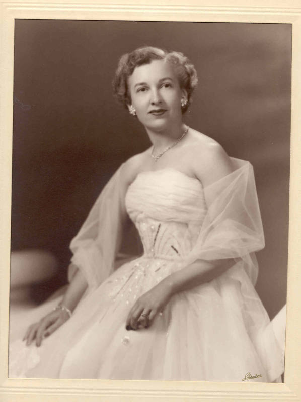 Photo of Mrs. Cherry in a white beaded gown