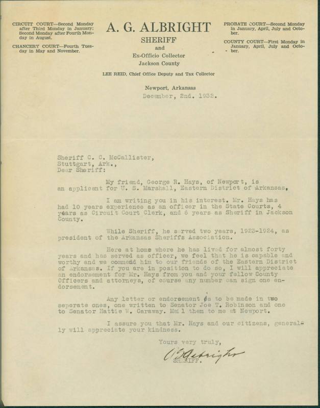 Letter from Sheriff of Jackson Co to Sheriff of Stuttgart, Arkansas.