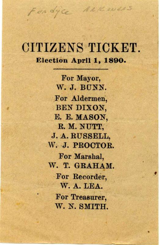 Citizen's ticket for the April 1, 1890 Fordyce, Arkansas city election