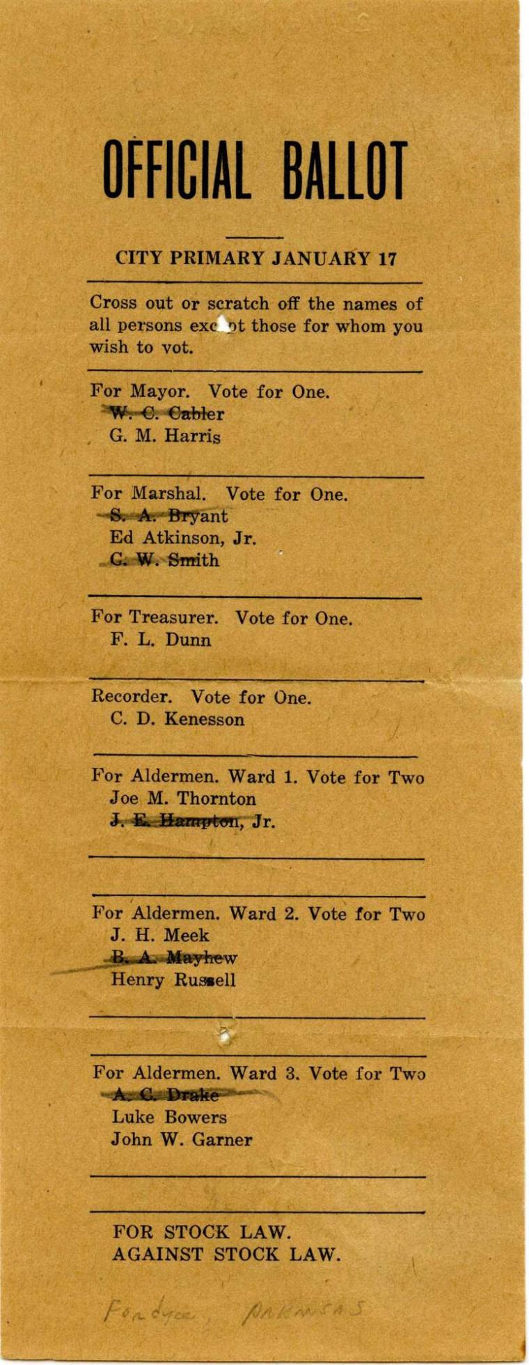 Official Ballot for the City of Fordyce Primary Jan. 1918 election