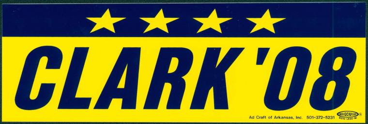 Yellow and blue bumper sticker that reads, "Clark '08."