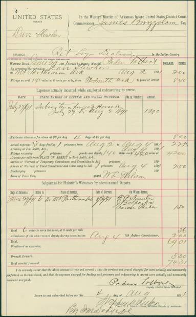 Expense report for transport of prisoners to Fort Smith for Deputy 