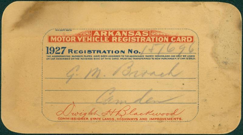 Arkansas Motor Vehicle Registration Card for GM Broach