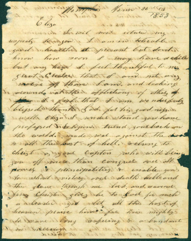 Letter to Eliza Lightfoot from TN Lightfoot dated 1853.